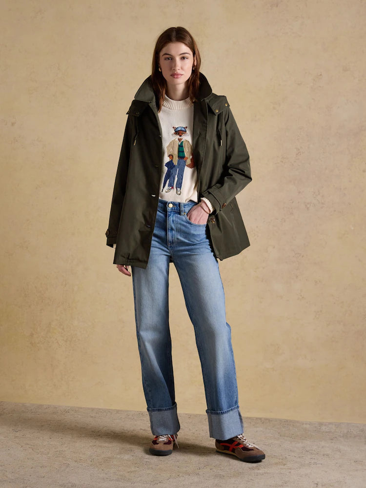 Joules Rainmore Khaki Green Button Through Waterproof Raincoat