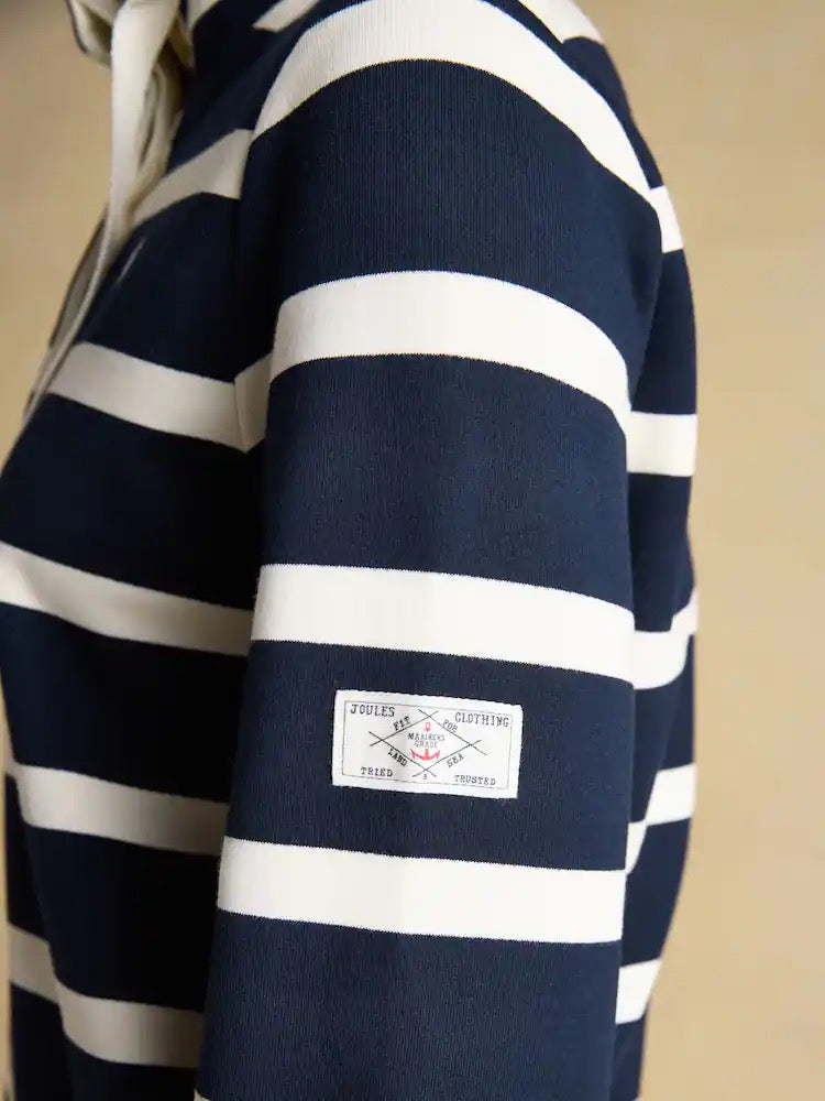 Joules Saunton Navy & Cream Striped Cotton Blend Sweatshirt with Buttoned Funnel Neck