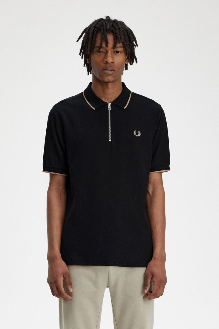 Fred Perry Crepe Pique Zip Neck Polo Shirt - Black