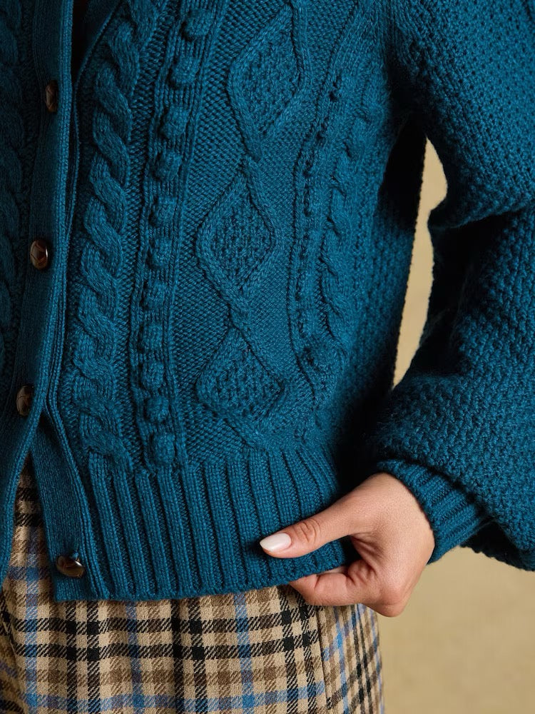 Joules Rafferty Petrol Cable Knit Crew Neck Cardigan