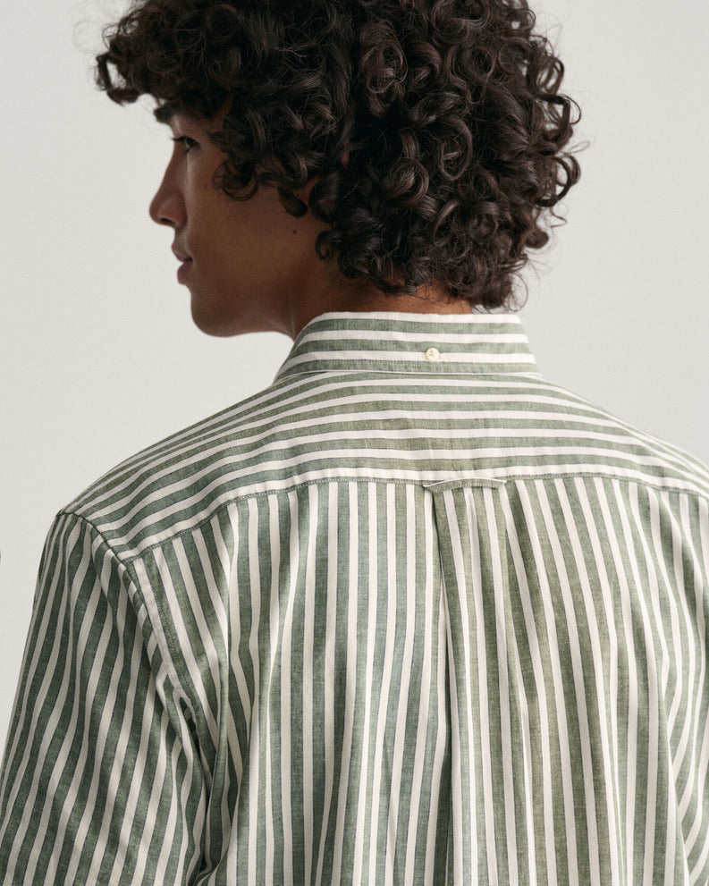 Gant regular Fit Cotton Linen Stripe Short Sleeved Shirt - Pine Green