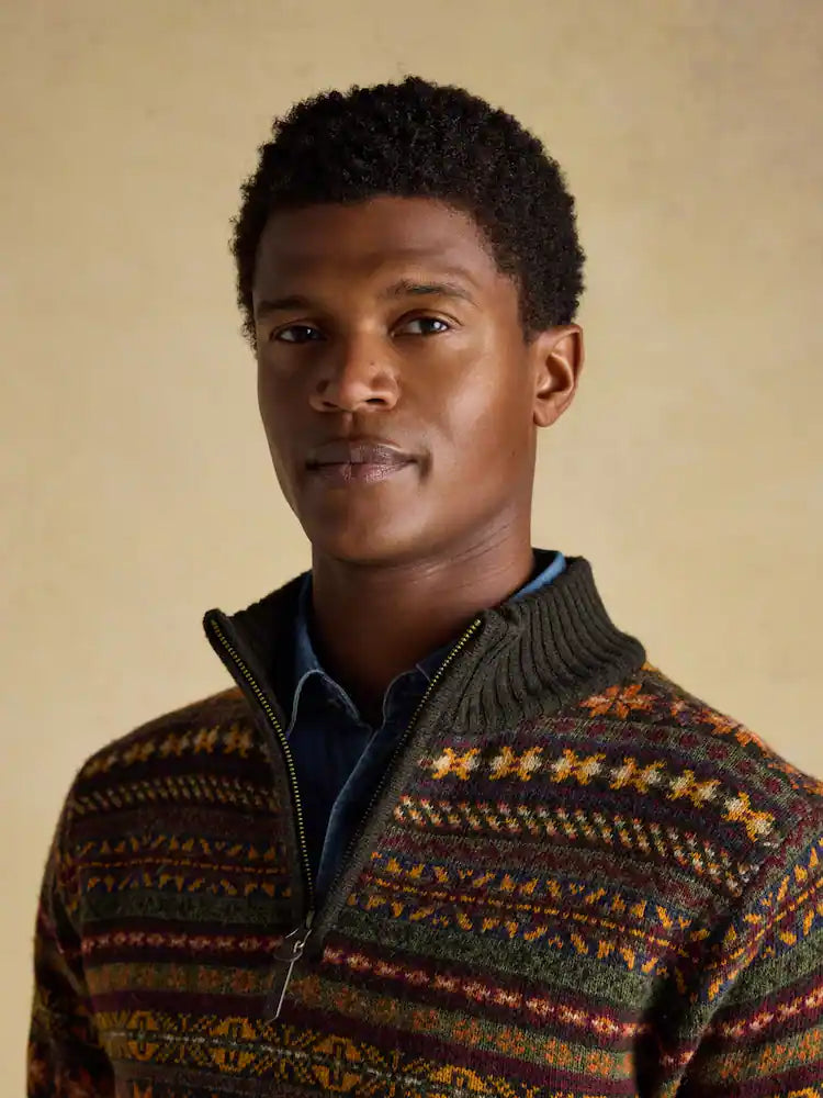 Joules Milligan Wool-Rich Green Quarter Zip Fair Isle Jumper