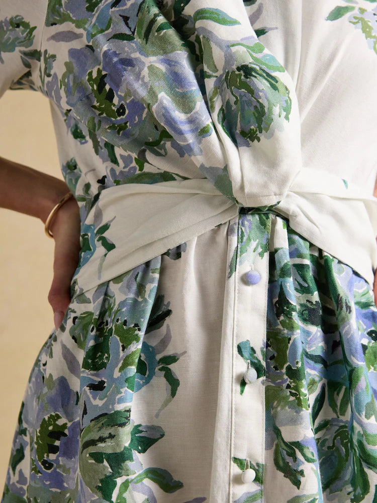 Joules Marina White & Blue Floral Midi Linen Blend Dress