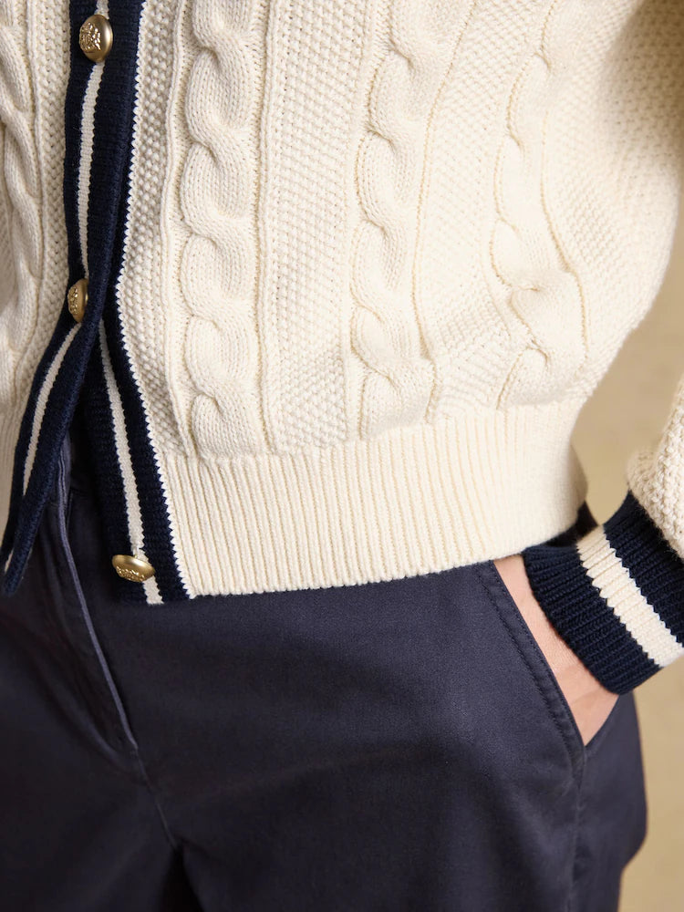 Joules Cream Cotton Cable Knit Cardigan With Crew Neck