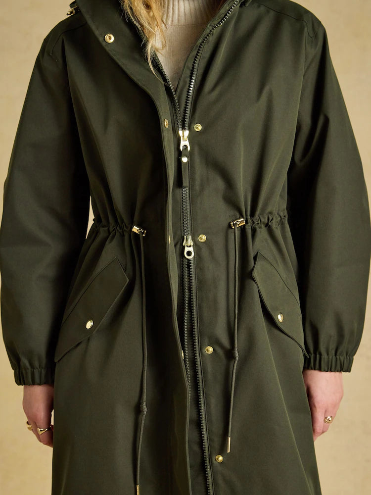Joules Stormwell Khaki Green Waterproof Longline Raincoat with Hood