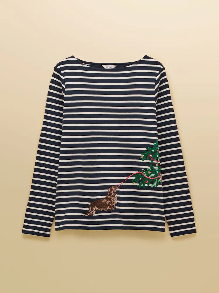 Joules Festive Harbour Dog Navy/Cream Boat Neck Breton Top