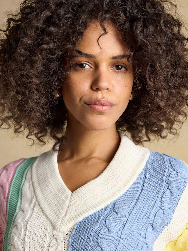 Joules Multi Stripe Cable Knit Cricket Cotton Jumper