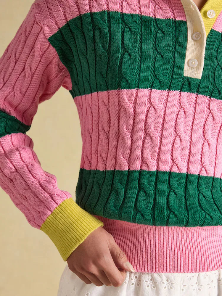 Joules Pink & Green Striped Cotton Cable Knit Rugby Jumper