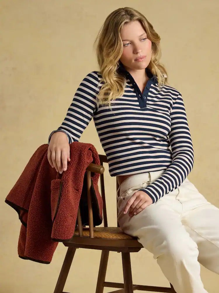 Joules Fairfield Navy/Oat Marl Ribbed Long Sleeve Collared Jersey Top
