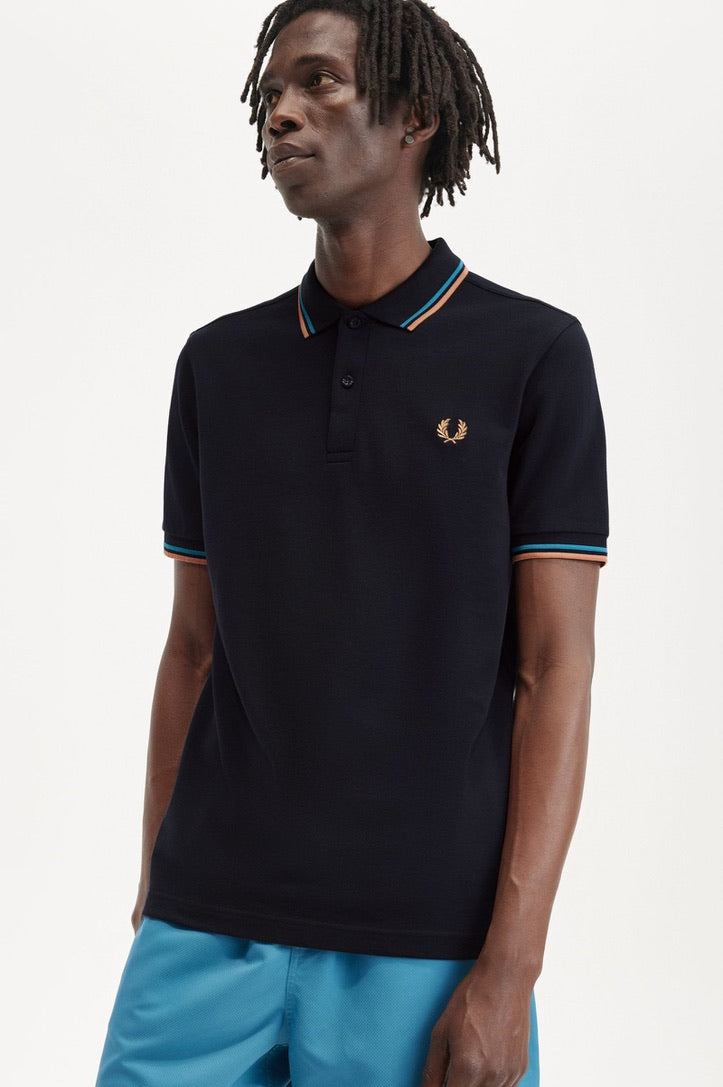 Fred Perry Twin Tipped Polo Shirt - Navy/ Cyber Blue/ Light Rust