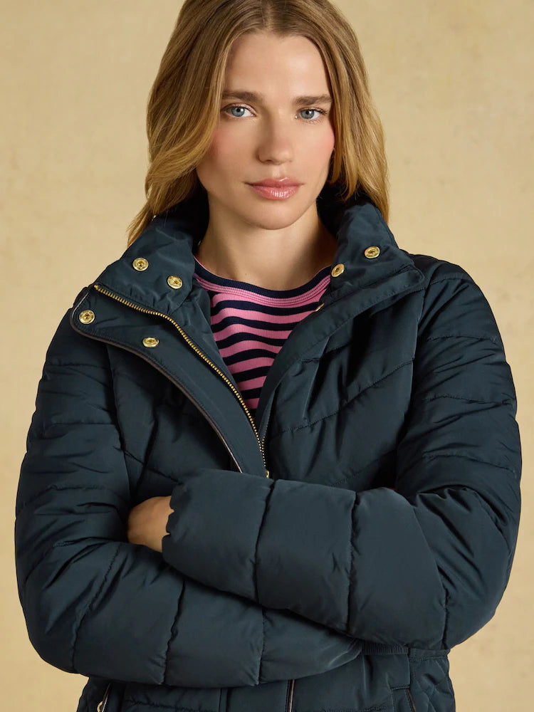 Joules Aspen Navy Showerproof Padded Coat with Faux Fur Hood