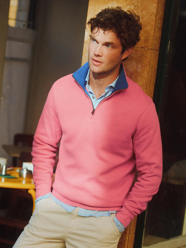 Joules Alistair Pink French Ribbed Quarter Zip Sweatshirt