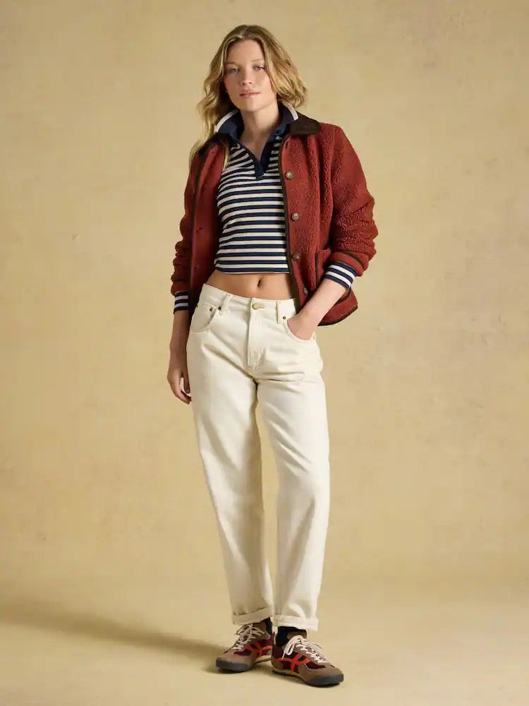 Joules Fairfield Navy/Oat Marl Ribbed Long Sleeve Collared Jersey Top