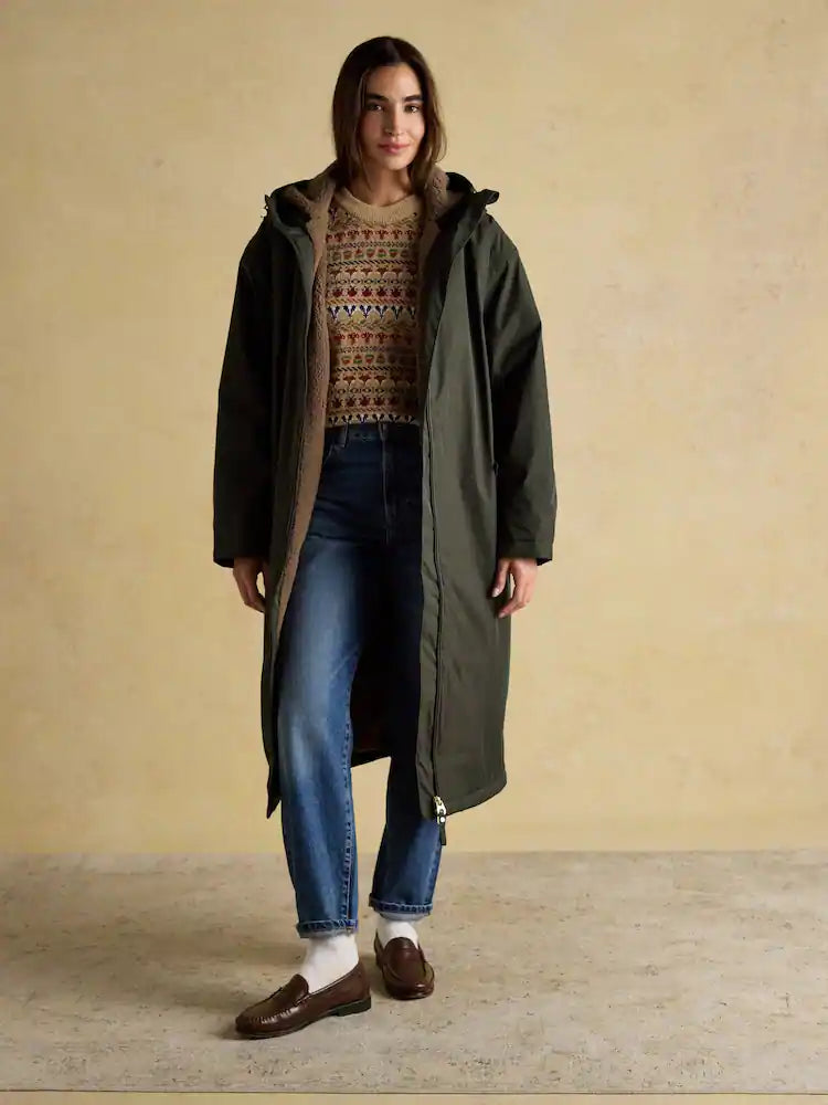 Joules Coverall Green Oversized Fleece Lined Waterproof Coat