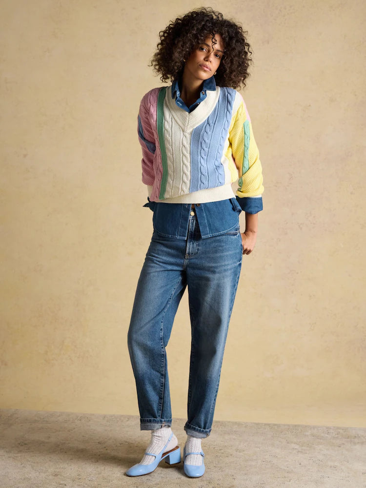 Joules Multi Stripe Cable Knit Cricket Cotton Jumper