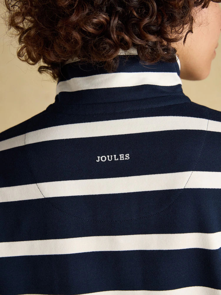 Joules Saunton Navy & Cream Striped Cotton Blend Sweatshirt with Buttoned Funnel Neck