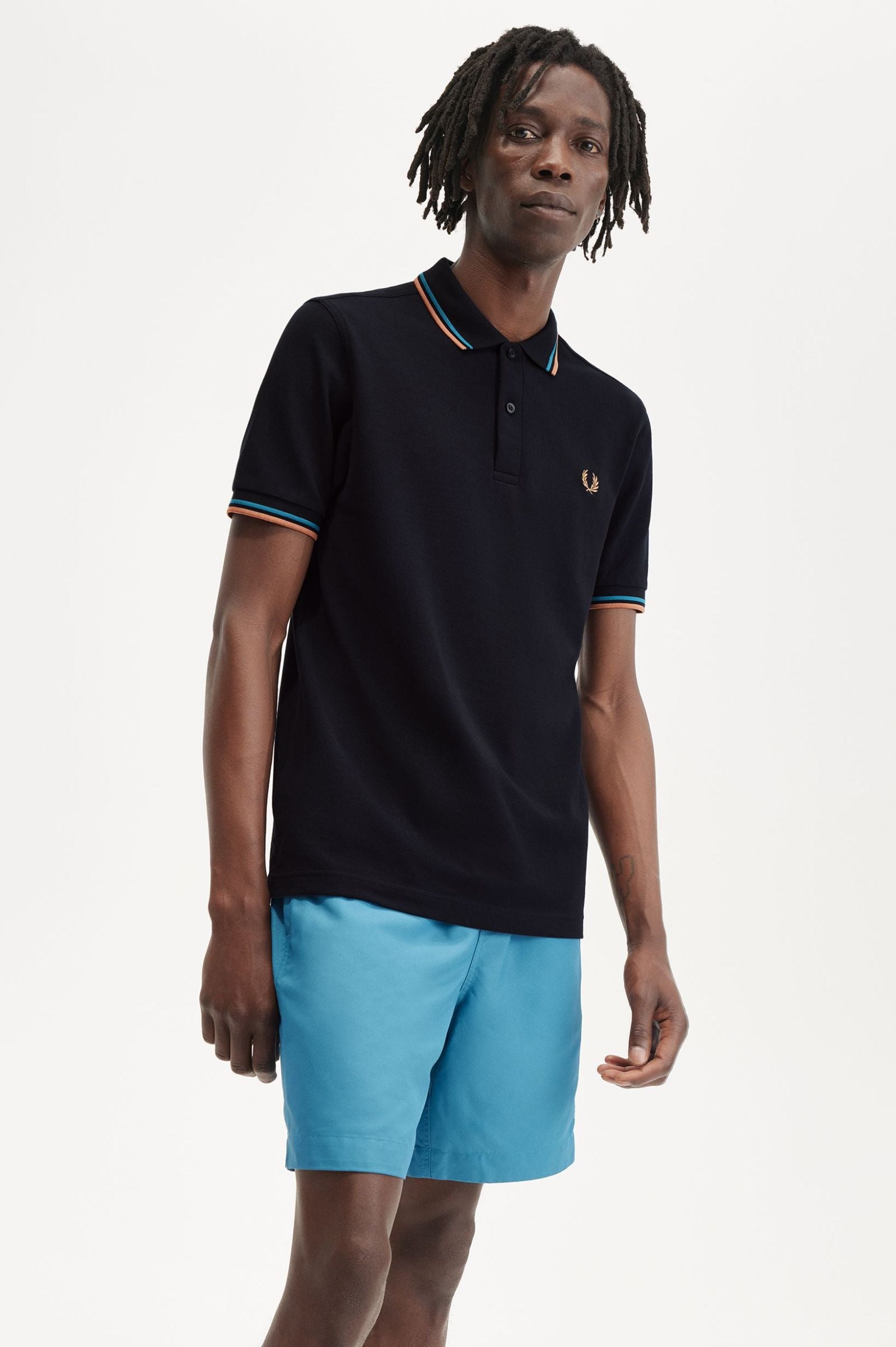 Fred Perry Twin Tipped Polo Shirt - Navy/ Cyber Blue/ Light Rust