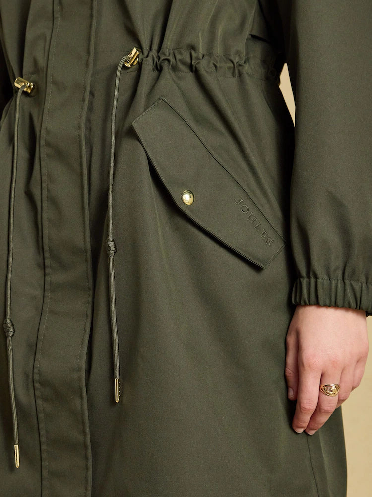 Joules Stormwell Khaki Green Waterproof Longline Raincoat with Hood