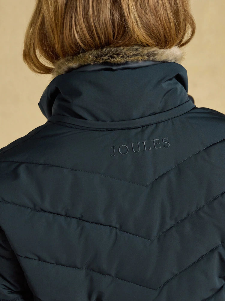 Joules Aspen Navy Showerproof Padded Coat with Faux Fur Hood