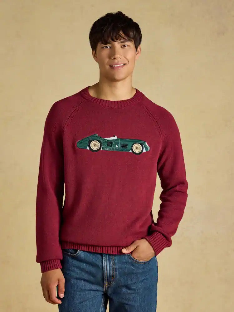 Joules Intarsia Crew Neck Burgundy Car Jumper