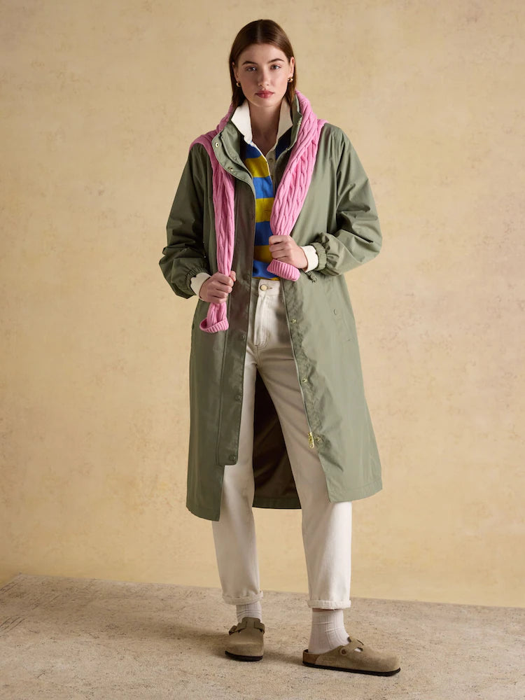 Joules Hensley Khaki Green Longline Waterproof Coat with Packable Hood