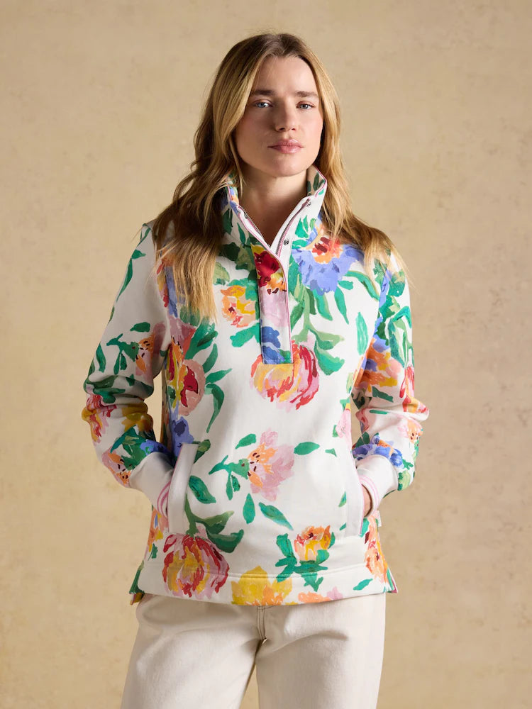 Joules Burnham White Floral Quarter Zip Sweatshirt With Funnel Neck