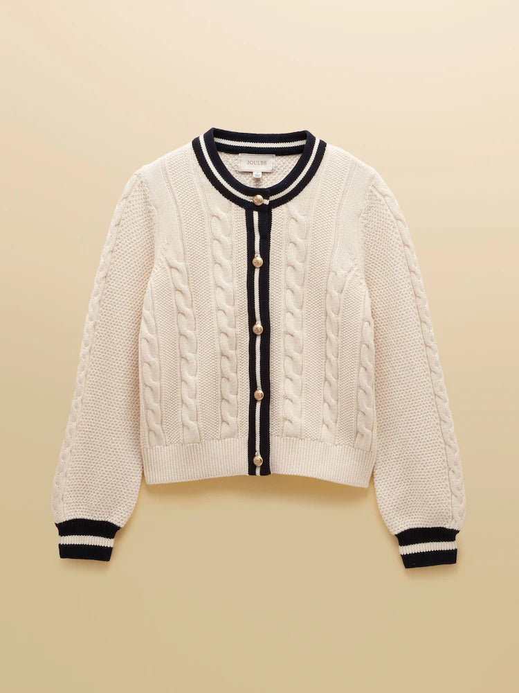Joules Cream Cotton Cable Knit Cardigan With Crew Neck