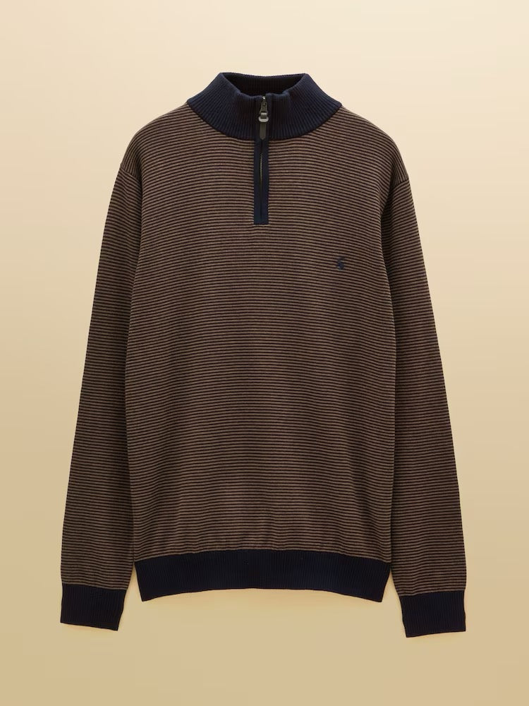 Joules Hillside Navy & Brown Striped Quarter Zip Knitted Jumper