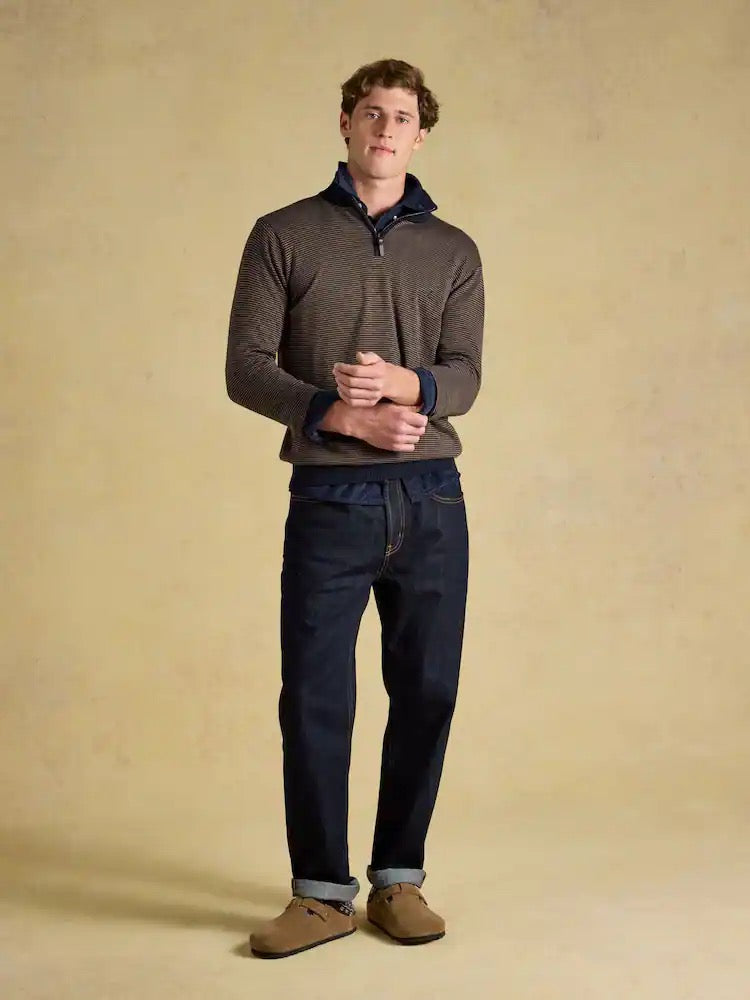 Joules Hillside Navy & Brown Striped Quarter Zip Knitted Jumper