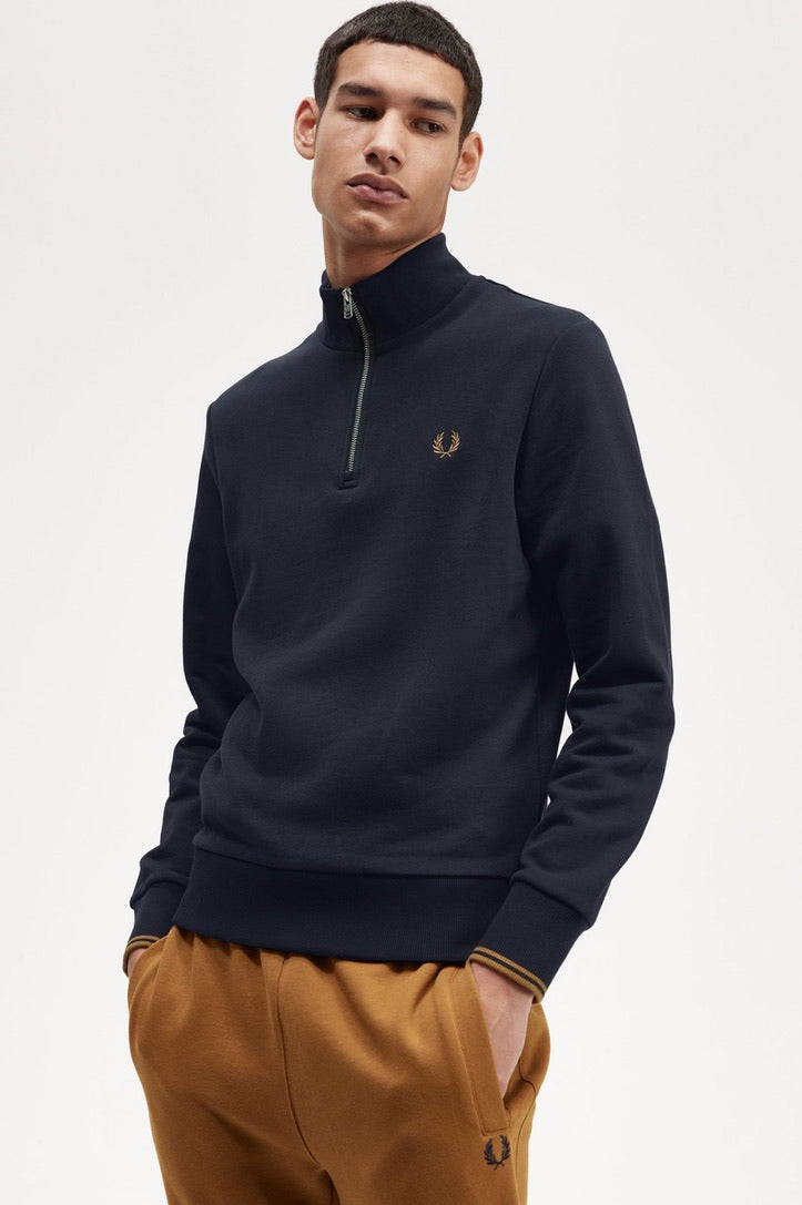 Fred Perry Half Zip Sweatshirt - Navy/Dark Caramel