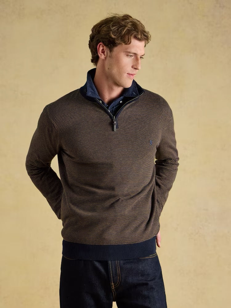 Joules Hillside Navy & Brown Striped Quarter Zip Knitted Jumper