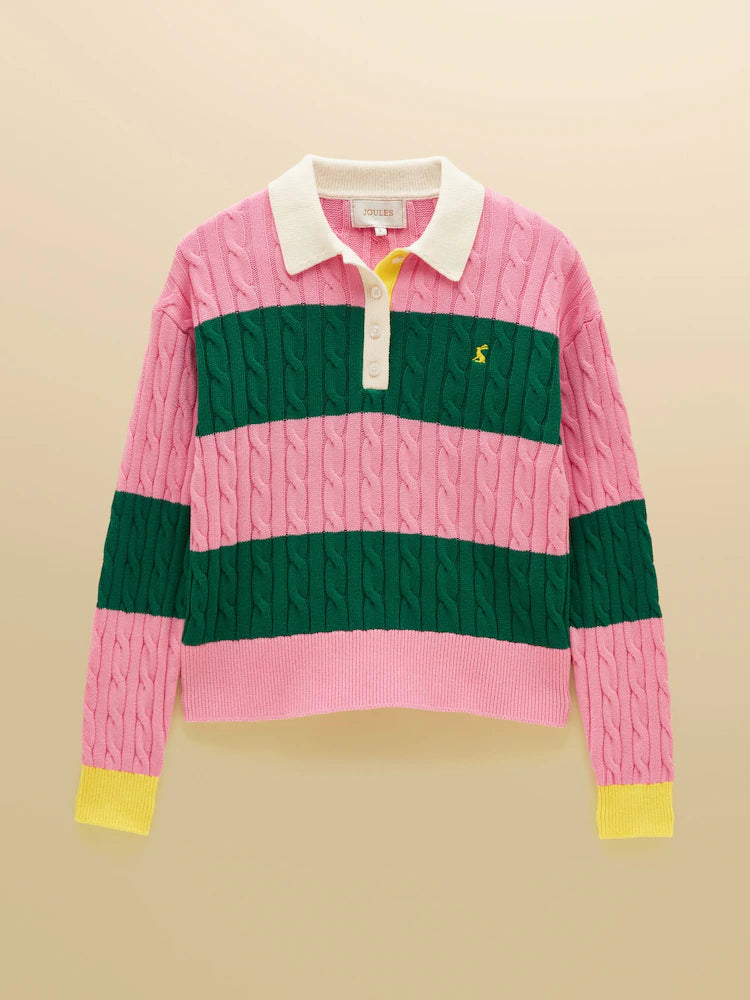 Joules Pink & Green Striped Cotton Cable Knit Rugby Jumper