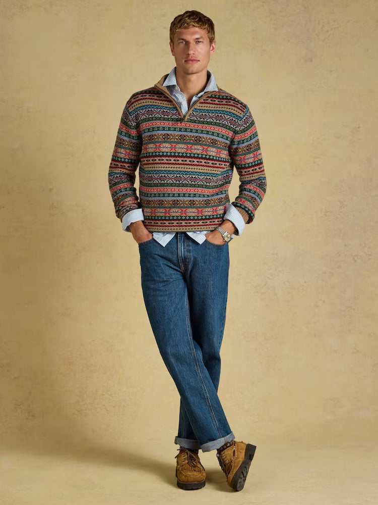 Joules Multi Wool Rich Fair Isle Quarter Zip Jumper