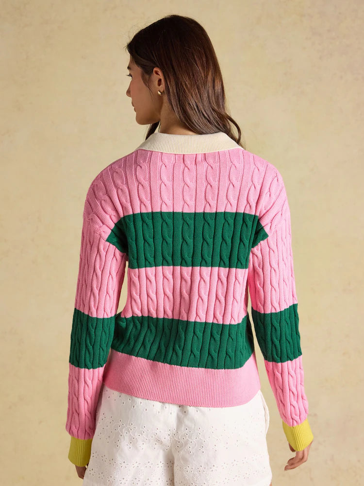 Joules Pink & Green Striped Cotton Cable Knit Rugby Jumper
