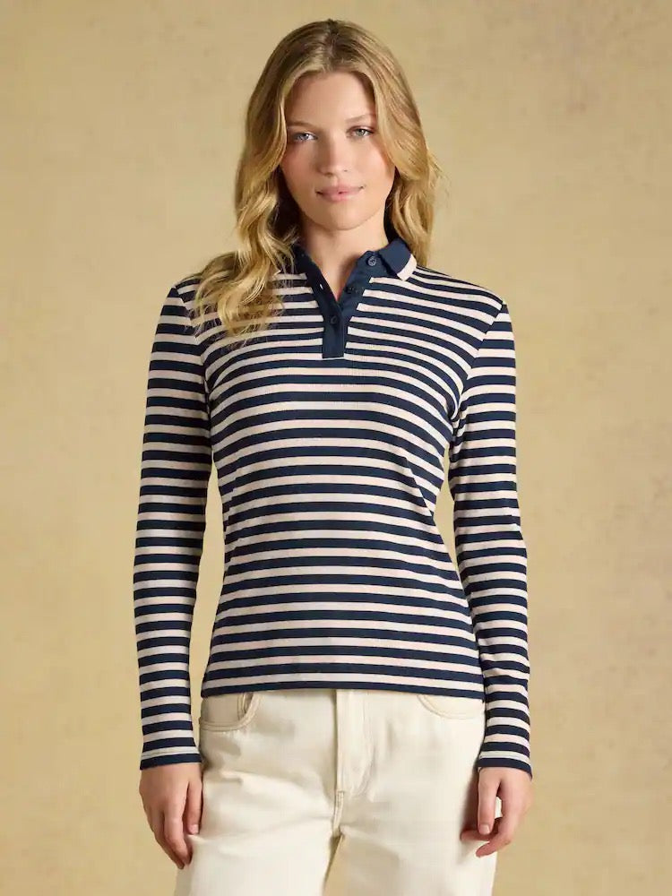 Joules Fairfield Navy/Oat Marl Ribbed Long Sleeve Collared Jersey Top
