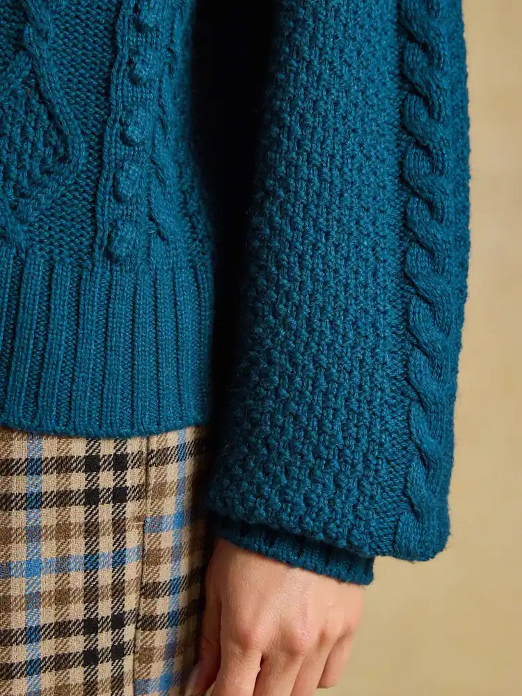 Joules Rafferty Petrol Cable Knit Crew Neck Cardigan