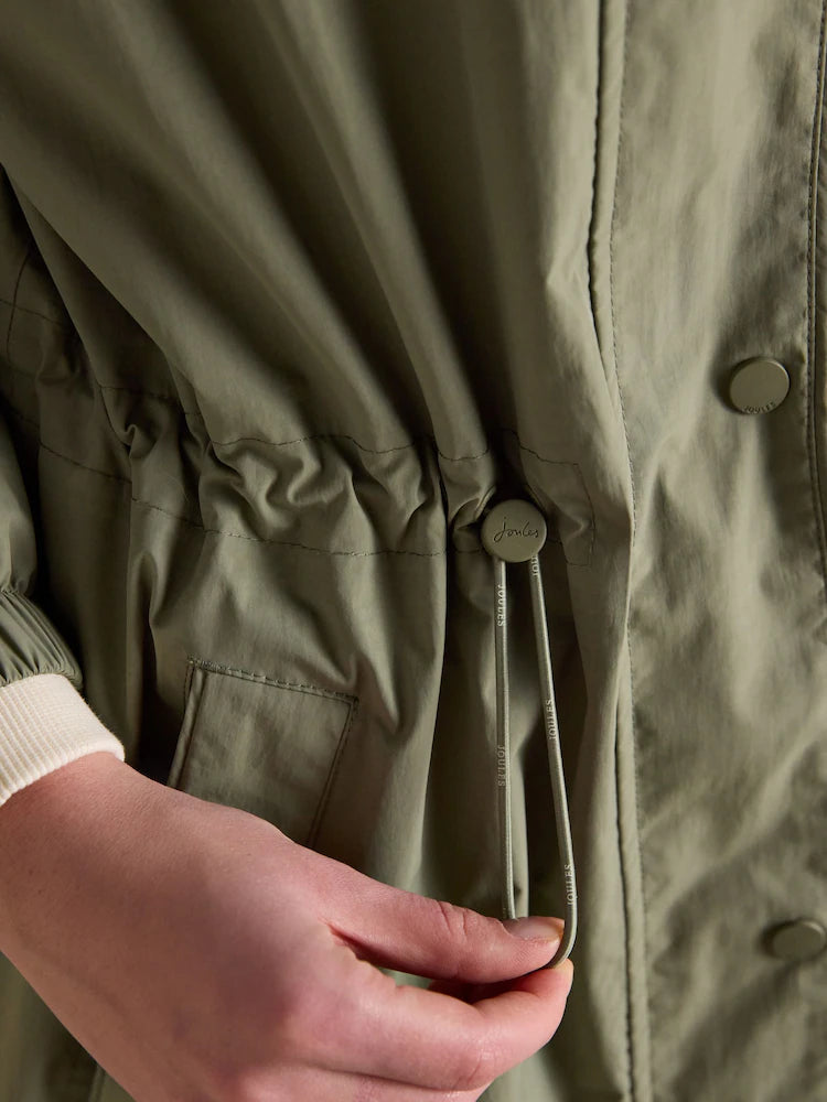 Joules Hensley Khaki Green Longline Waterproof Coat with Packable Hood