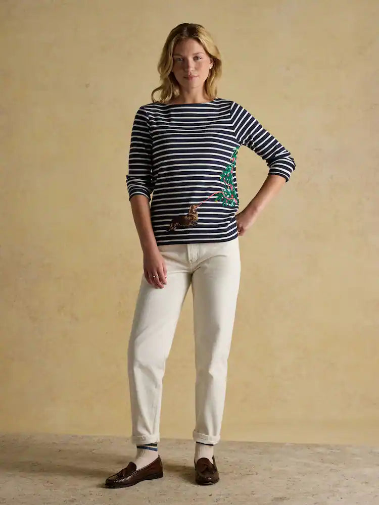 Joules Festive Harbour Dog Navy/Cream Boat Neck Breton Top