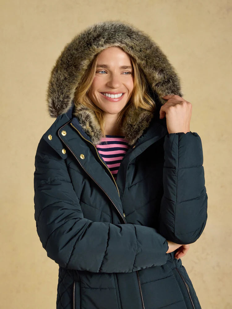 Joules Aspen Navy Showerproof Padded Coat with Faux Fur Hood