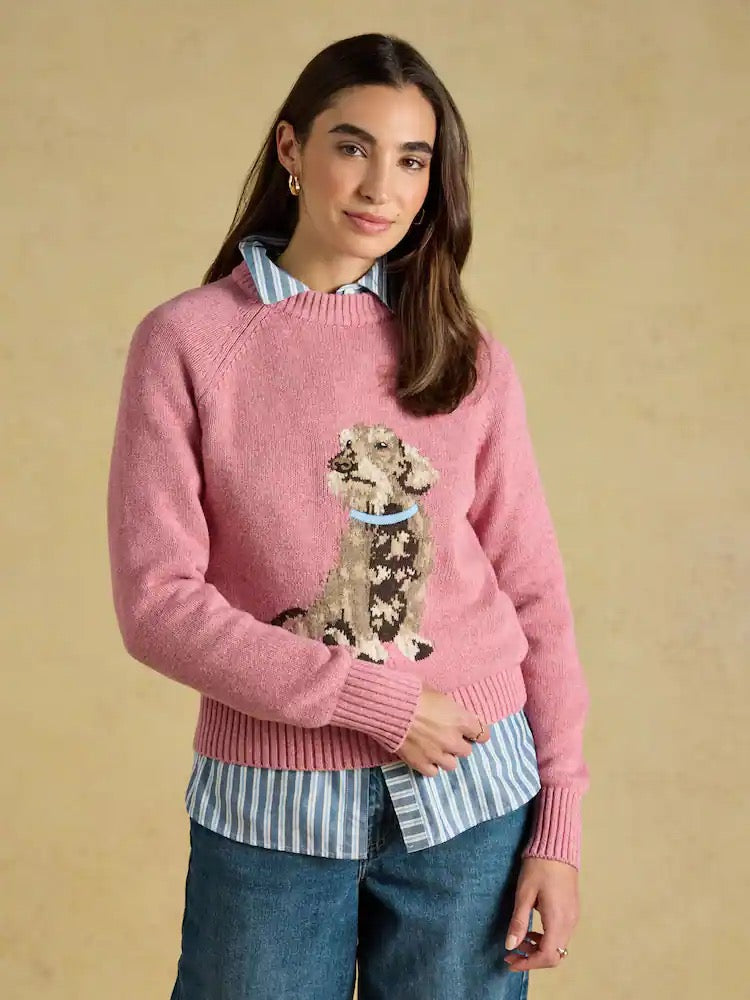 Joules Dashchund Dog Pink Cotton Blend Crew Neck Knitted Jumper