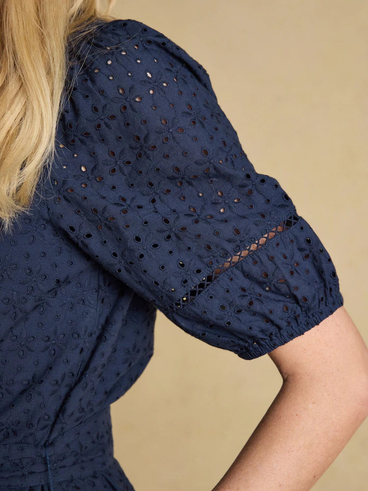 Joules Susanna Navy Short Sleeve Broderie Midi Dress