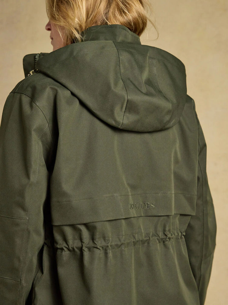 Joules Stormwell Khaki Green Waterproof Longline Raincoat with Hood