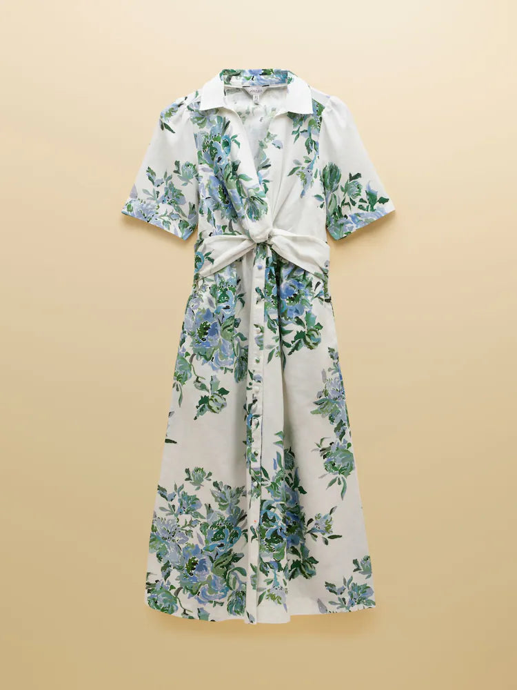 Joules Marina White & Blue Floral Midi Linen Blend Dress