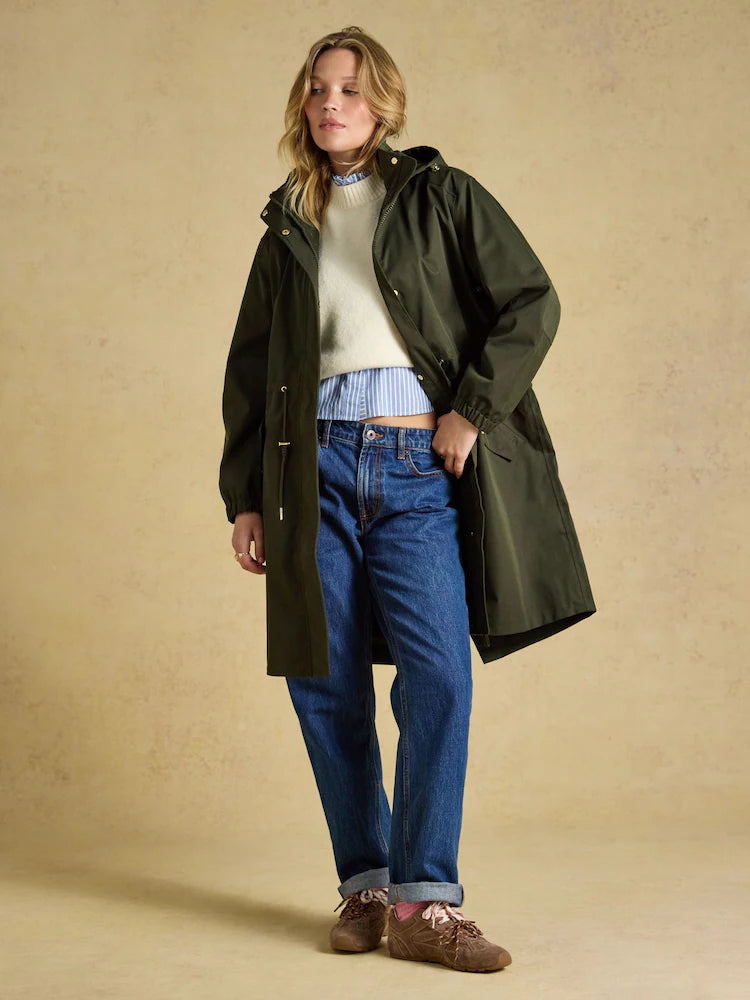 Joules Stormwell Khaki Green Waterproof Longline Raincoat with Hood