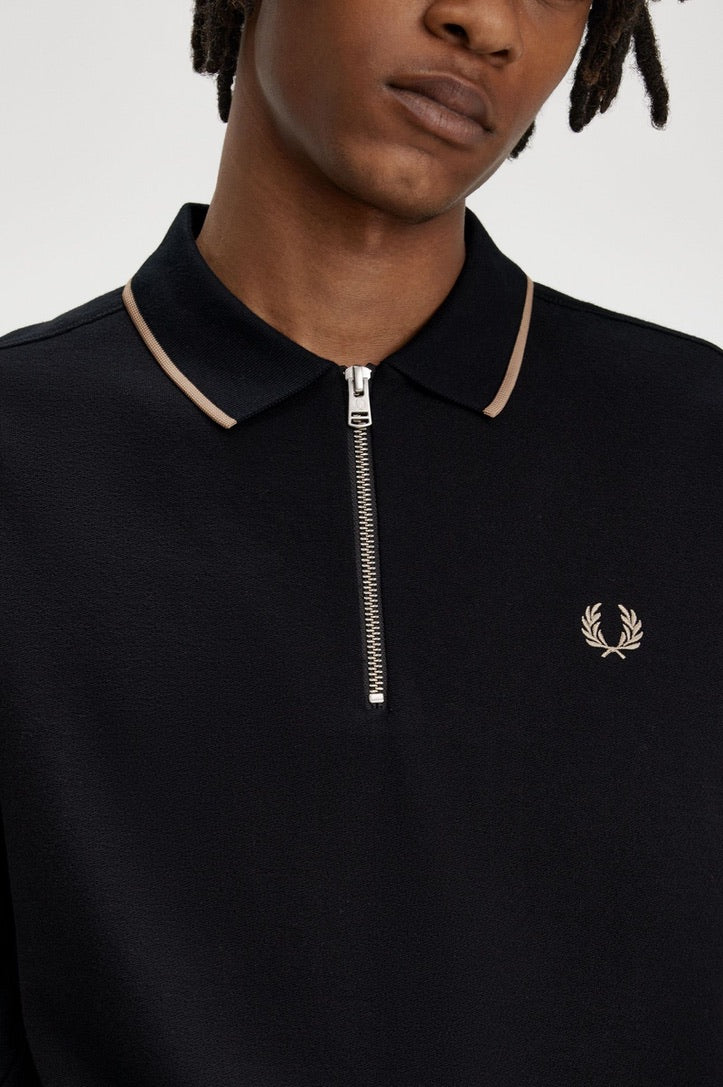 Fred Perry Crepe Pique Zip Neck Polo Shirt - Black