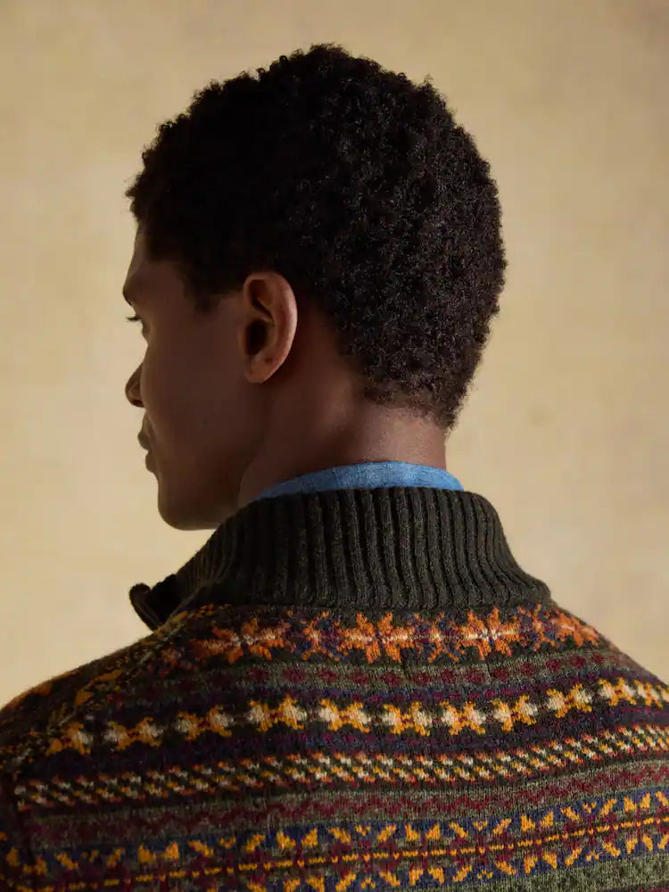 Joules Milligan Wool-Rich Green Quarter Zip Fair Isle Jumper