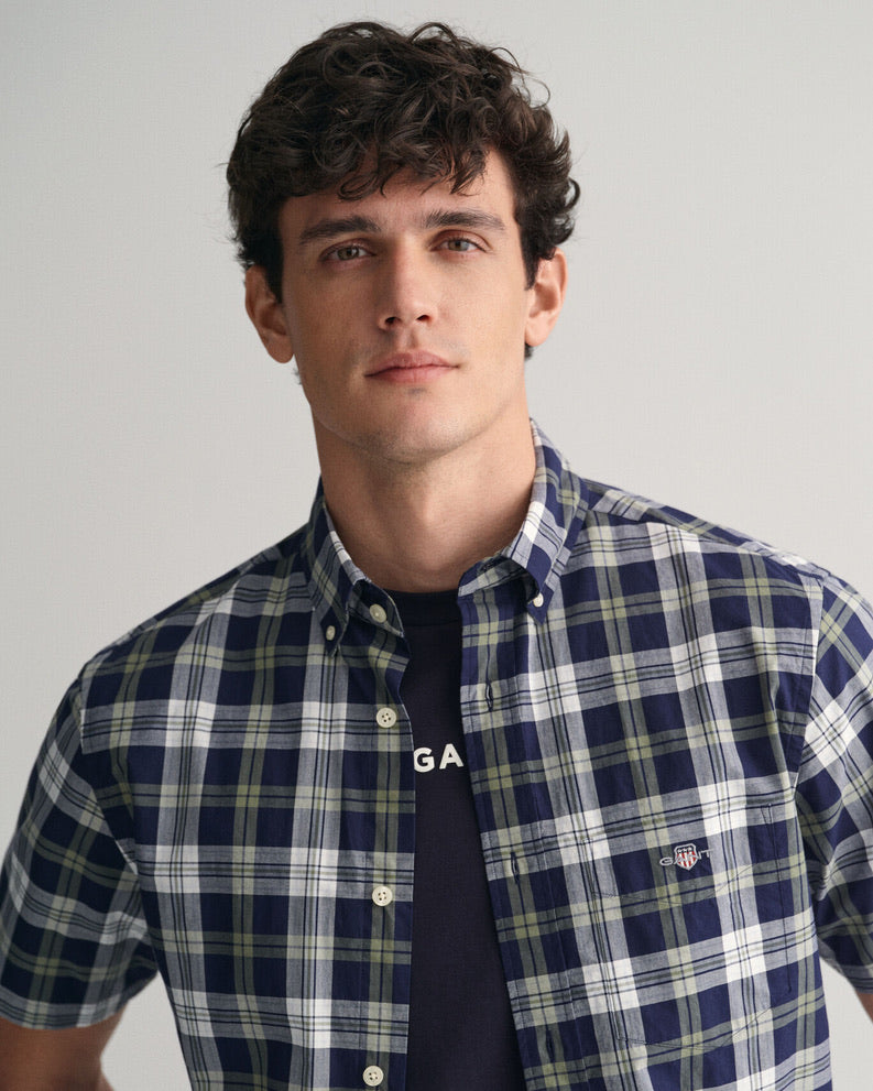 Gant Reg Poplin Check Short Sleeved Shirt - Classic Blue