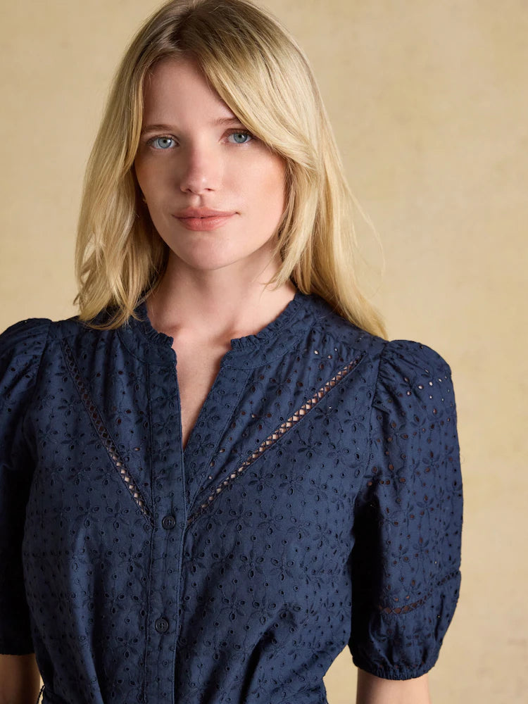 Joules Susanna Navy Short Sleeve Broderie Midi Dress