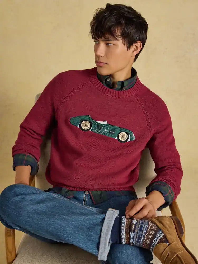 Joules Intarsia Crew Neck Burgundy Car Jumper