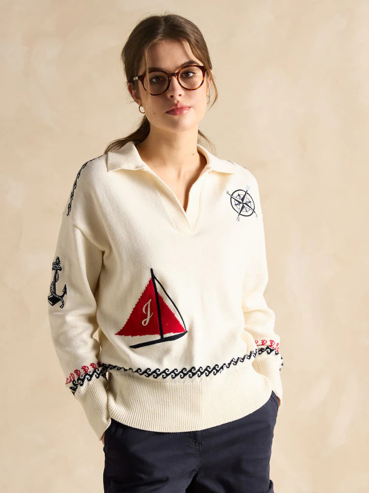 Joules Sail Away Jumper Cream Embroidered Knitted Jumper